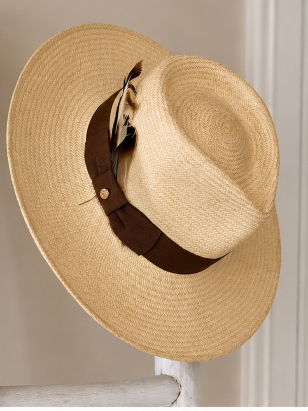 Failsworth Panama Hat 100% Toquilla Straw S/M Ecuador Brown Band, Custom Feather